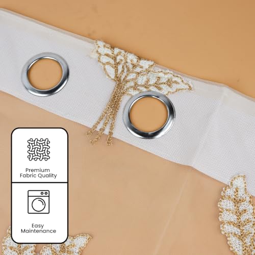 Image of Fabrilia Luxury Gold Leaf Embroidered Sheer Curtains - Premium Tissue Net Transparent Grommet Panels for Living Room & Bedroom, Cream & Gold (5 feet, Set of 2)