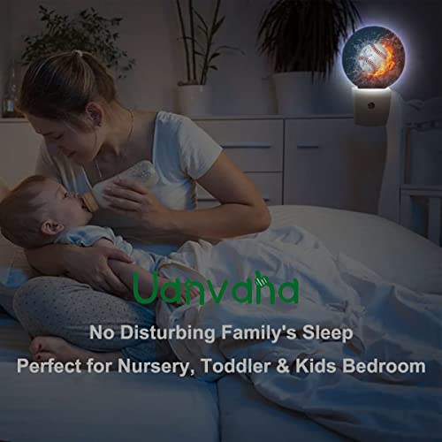 Image of Sport Night Lights Plug into Wall Baseball Ball in Fire and Water Night Light Dusk to Dawn Sensor LED Lighting for Bedroom Bathroom Living Room, 0.5W Sleep Friendly
