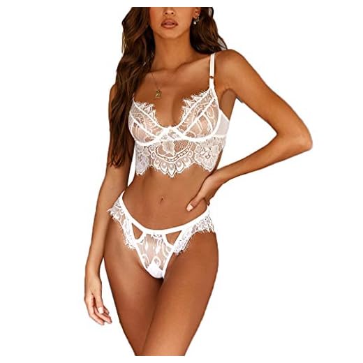 VicSec Mujer Sexy Conjunto de Sujetador y Braguita, Set de Lencería Erótica Romántica de Encaje Malla Transparente Dulce Bralette sin Aros Ropa Interior para Dormir (Blanco, XL)