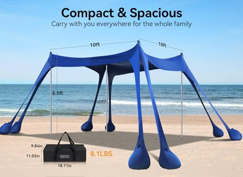 Image of Vibemo Beach Tent, Beach Canopy Sun Shade with UPF50+ UV Protection, 10x10ft, Includes 8 Sandbags, Sand Shovel, Ground Pegs & 4 Stability Poles, Pop Up Sun Shelter for Camping, Picnics, Backyard Fun