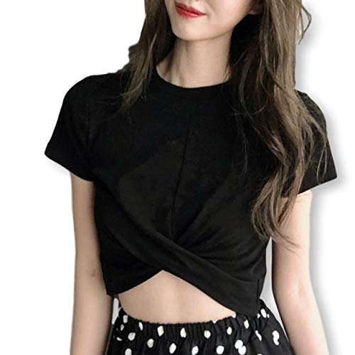 [ブブ オーハナ] Tシャツ 半袖 ショート クロップド 丈 へそ出し 無地 短め レディース 女性 用 カットソー ダンス 衣装 ヨガ へそだし ヘソ出し ヘソだし ギャザー 入り 付き 夏 春 秋 冬 服 ブラック (黒, M)のサムネイル