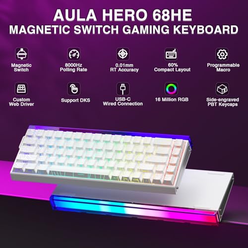 Image of AULA Hero 68 HE 60% Gaming Keyboard Wired, Hall Effect Magnetic Switch Keyboard with 8K Hz Polling Rate, Side Printed PBT Keycaps, RGB Backlit Light Box, Customizable Web Software for PC /Mac Gamers