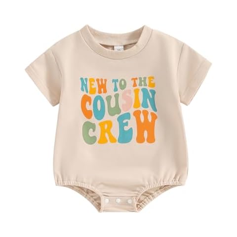 Engofs Newborn Baby Boy Girl Summer Clothes Short Sleeve Letter Print Bubble Romper T-Shirt Jumpsuit Bodysuit Beige 0-3 Months Cover
