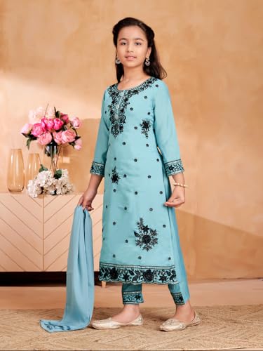 Image of Aarika Girls Ethnic Wear Sea Green Colour Thread Sequin Embroidery Kurti Pant Set With Dupatta