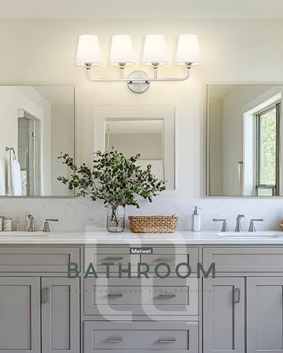 Image of Bathroom Light Fixtures, 4 Light Vanity Lights with Flared White Fabric Shade, 28 Inch Brushed Nickel Wall Sconce, Modern Sconces Wall Lighting for Hallway Bedroom, VL837-BN-4