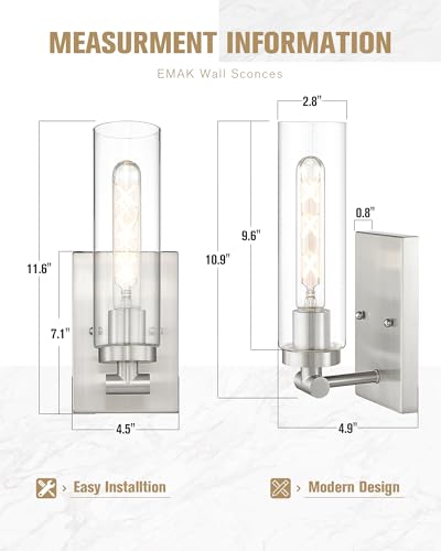 Image of Emak Modern Wall Lights, Brushed Nickel Sconces with Clear Glass Shade, 2 Light Bathroom Vanity Light for Bathroom, Mirror, Living Room, Bedroom, Gallery, WS086-BN-CG-2PK