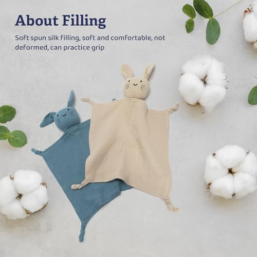 Image of 2 Pcs Set Organic Cotton Muslin Bunny Lovey Blanket, Soft & Breathable Baby Security Blanket, Ideal for Newborns (Khaki & Blue)