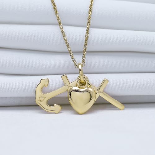 Anchor Cross Heart Charm Pendant Necklace For Women In 14k Gold Plated Sterling Silver Jewelry Along With 18" Rope Chain Gift For Her4