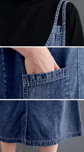 Image of ebossy Women's Sleeveless V Neck Denim Overall Jumper Dress Casual Loose Double Spaghetti Straps Midi Jean Dress
