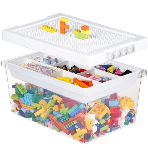 Greentainer Storage Bins with Lids for Lego Cube Kids Toy Box Stackable Plastic Boxes Organiser with Removable Tray Craft Containers for Building Blocks Bricks Puzzle Board Organizer Accessories