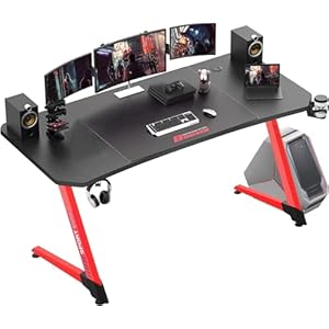 VITESSE Ergonomic Gaming Desk, Z-Shaped Office PC Computer Desk with Large Mouse Pad, Gamer Tables Pro with Gaming Handle Rack, Stand Cup Holder&Headphone Hook (Red, 63 inch)