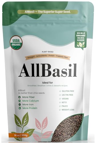 Edible All Basil Seeds 14oz | USDA Organic Non-GMO Kosher | High Fiber Superfood | Gluten Free Vegan Keto Paleo | Prebiotic | Support Weigth Loss | Ideal for Smoothies Green juices & Desserts.