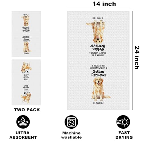 Image of 2 Pcs Funny Golden Retriever Kitchen Towels 24x14 Inch, Golden Retriever Decorative Reusable Dish Towels for Kitchen Bathroom Decor, Waffle Weave Hand Cloth Tea Towel, Dog Lover Gifts for Women Friend