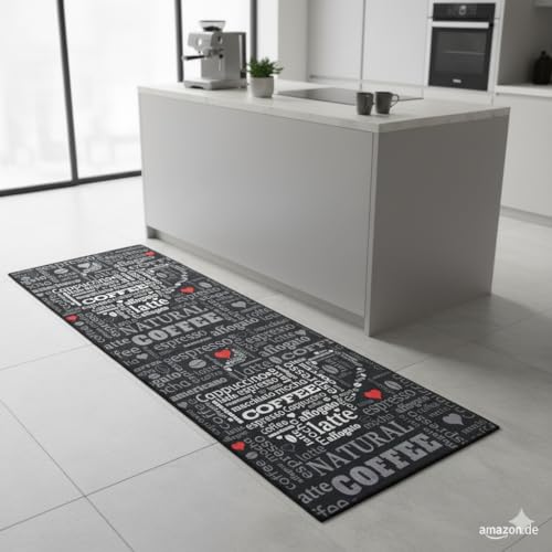 miqna Teppich Moderner Küchenteppich Gel Läufer Küchenläufer Grau Weiß Schwarz mit rutschfestem Bodenmuster mit Schriftzug Coffee Macchiato (Schwarz, 60 x 200 cm)