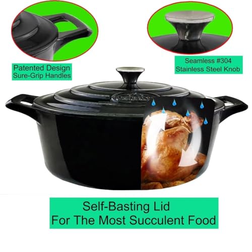 Image of La Cuisine Enameled Cast Iron Oval Dutch Oven Casserole Pot with Lid 6.75 QT Internal Matte Black Enamel Coating for bread baking, GlassTop Oven-Safe 550F /276C, Glossy Black