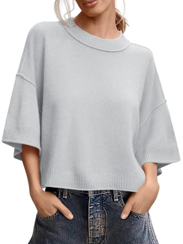 Image of Women's Short Sleeve Cropped Sweaters 2025 Summer Oversized Loose Fit Drop Shoulder Casual Sweater Tops