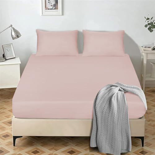 My home store Fitted Sheet 25 cm Deep Brushed Microfiber Ultra Soft No-Iron Wrinkle-Resistant Plain Dyed Fitted Bed Sheets Hypoallergenic Breathable Sheets (Blush Double)