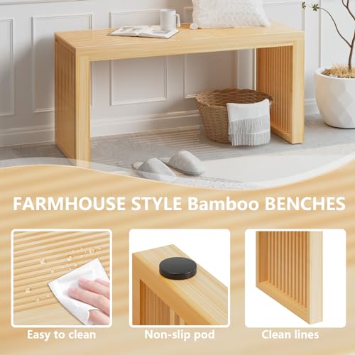 Image of APRTAT Bamboo Dining Bench 35-Inch Indoor Wood Shoe Rack Bench for Entryway | Easy Assemble, Sturdy & Durable,Slatted Design,Versatile Everyday Seating,Living Room Hallway Bedroom Bathroom