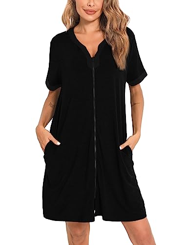 SWOMOG Women Zipper Front House Coat Short Sleeves Robe Zip up Bathrobes Short Nightgown with Pockets S-3XL