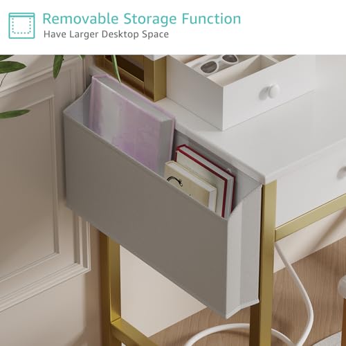 Image of Small Makeup Vanity Desk with Lights, 31 inch Girls Vanity Set with Mirror and Chair, Make Up Dresser Table with Drawers and Power Outlet for Bedroom Small Space, White and Gold