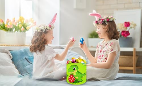 Image of Dinosaur Baskets, Kids Easter Dinosaurs Storage Bins.Easter Basket Empty with Handles.Dinosaurs Eggs Decor,Books, (Green Dinosaur)