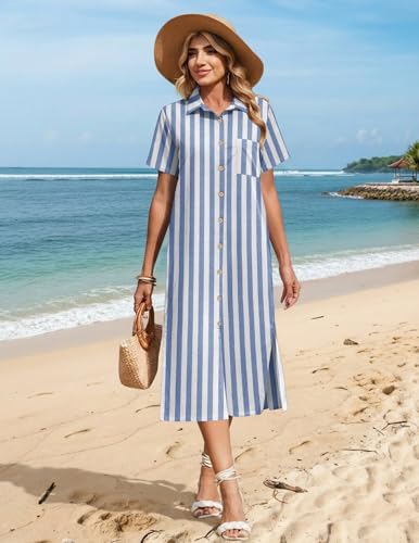 Image of HOTOUCH Womens Dress Summer Casual Midi Short Sleeve Button Down Shirt Dresses Loose Beach Cover Up with Pockets