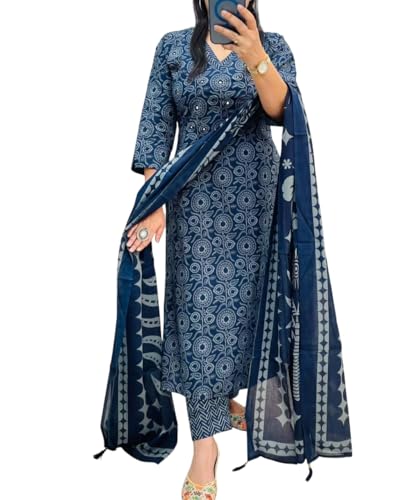 Image of Rangnavi Women's Pure Cotton Printed Straight Kurta with Pants and Dupatta Set | Ethnic Set | Suit Set | Kurta Set