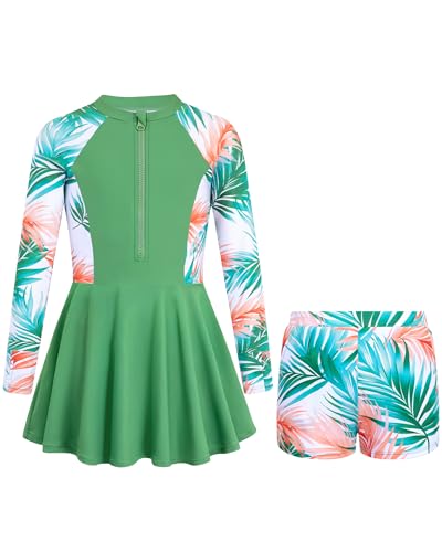 Image of HOZIY Girls Long Sleeve Swimsuit Two Piece Rash Guard Dress with Swim Shorts Front Zip for Kids Tween Teens UPF 50+