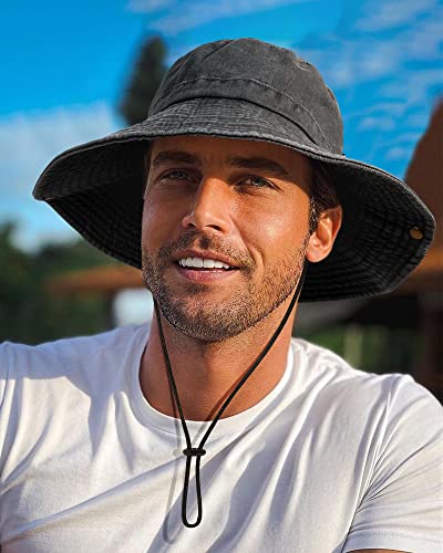 Wide Brim Bucket Sun Hat Packable Cotton Washed Upf 50 Beach Hat For Women Men With Strings Cowboy Outdoor Safari Boonie Cap Black #TOP5