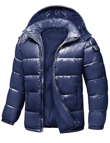 Uikue Men's Winter Puffer Jacket Quilted Thicken Down Coat Insulated and Water Repellent Jacket with Hood(Navy,L)