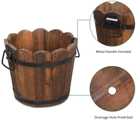 Close-up of VINGLI wooden planter showing metal handle and drainage hole