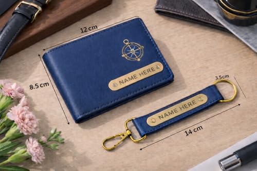 Image of Premium Customized Wallet & Keychain Combo for Men - Stylish Nexon Leather Gift Set with Personalized Name & Charm - Ideal Birthday, Anniversary & Festival Present (Blue)