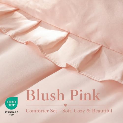 Image of JANZAA Blush Pink Comforter Set King - Soft Microfiber, Lightweight All Season Bedding, Ruffle Shabby Chic Aesthetic, Breathable Cozy Bed Set with 2 Pillow Shams, Machine Washable