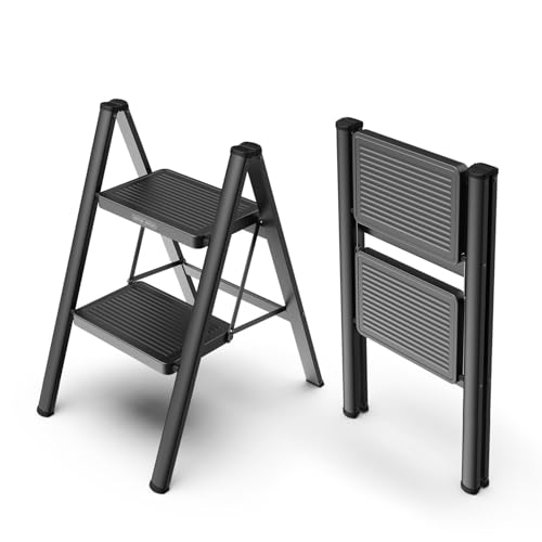 Image of 2 Step Ladder, Heavy Duty Folding Step Stool with Anti-Slip Wide Pedal, 330 lbs Capacity Steel Frame, Lightweight Portable Ladder, Space Saving Foldable Step Stool for Kitchen, Home, Bathroom, Office