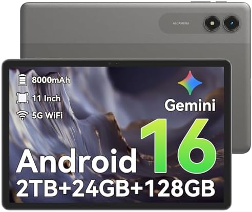 Android 16 Tablet,11 Inch Tablet with 24GB RAM 128GB ROM,Octa-Core T7250 Processor,90Hz Display,8000mAh Battery with Fast Charging & OTG Reverse Charge,Gemini AI Tablets,Smart Camera,4-Year Warranty