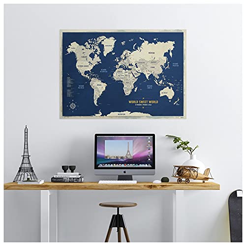 Pôster Mapa-Múndi Azul (Urban) A1 (84x59cm) + 220 Pins Adesivos p/Marcar suas Viagens