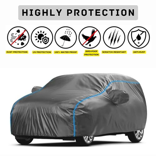 Image of Kerwa Car Body Cover Waterproof with A5, Dust & UV Resistant All-Weather Proof Full Body Cover, Grey with Blue Lining, Triple Stitched Elastic Bottom with Mirror Pocket