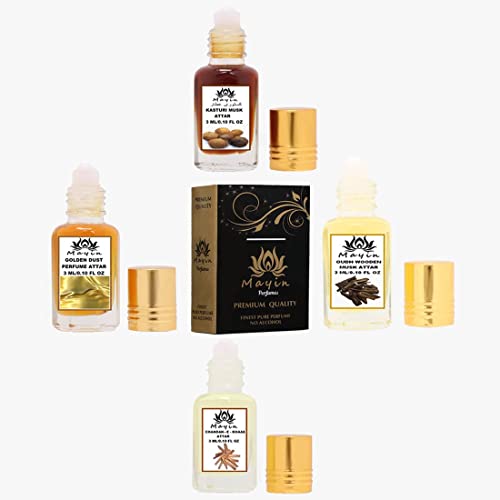 Image of Mayin Golden Dust, Kasturi Musk, Chandan-E-Khass, Oudh Wooden Musk Spray (Natural Itra /Attar /Perfume) Attar Gift Pack For Unisex, 12ml (Pack Of 4)