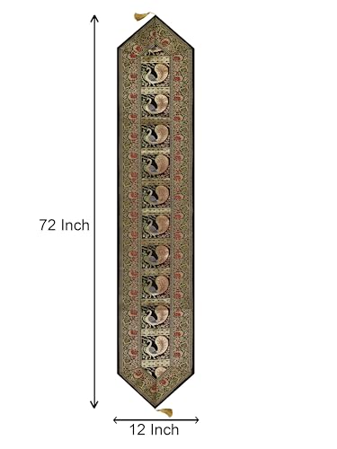 Image of Banarasi Brocade Zari Silk Table Runner Dinning & Centre Table Runner 177 By 30 CM (Black, Peacock)