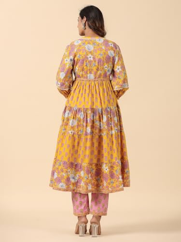 Image of SAVI Women's Cotton Printed Kurta Pant Set with Flared Shrug | Yellow & Pink Floral Print Ethnic Co-Ord Set | 3 /4 Sleeve Round Neck Traditional Outfit for Women & Girls