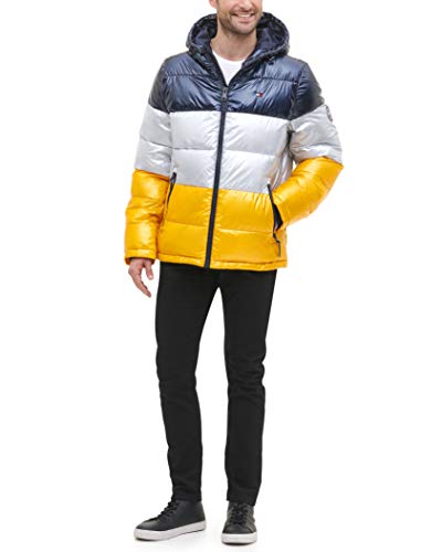 Tommy Hilfiger Herren Hooded Puffer Jacket Daunenalternativer Mantel, Perlglanz-Gelb/Marineblau, XL – Ansicht 3