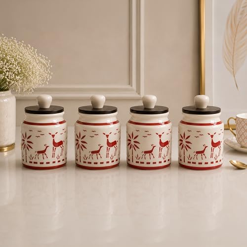 Image of Ceramic Kitchen Jars for Storage | Air Tight Containers with Wooden Lids | Masala, Salt, Pickle, Dry Fruits & Multi Utility Items Organiser Set (Hand-Painted, Red Deer, 450 ML, Pack of 4)