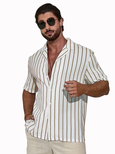 Image of TAGDO Men's Front Button Short Sleeve Striped Top, Casual (2026)