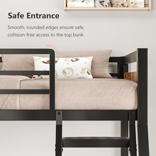 Image of iPormis Metal Bunk Bed Twin Over Full, Heavy Duty Bunk with High Guardrail and Safety Entrance Design, Under-Bed Storage Space, Easy Assembly, Noise Free, Rustic Brown