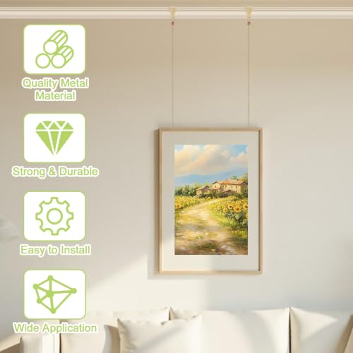 Image of Picture Hanging Kit - 13Pcs Picture Rail Hooks, 3 Rolls 3M Hanging Wires, 40Pcs D Ring Picture Hangers with Screws for Wall Pictures Exhibition(Gold)