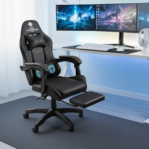 Image of Casa Copenhagen Designed in Denmark,High-Back Italian Leather Gaming Ergonomic Chair with Advanced Mechanism & Electric Back Massager, Memory Foam Seating & Multi Function Arm-Rest - Black & Black