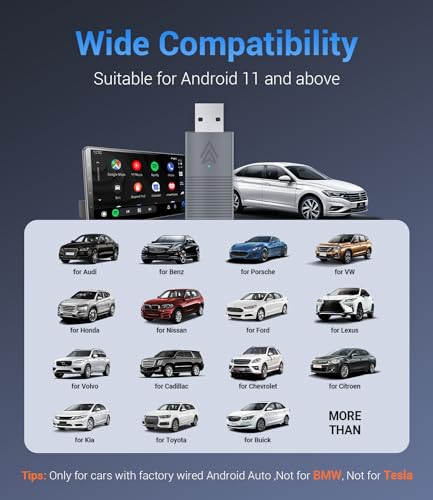 Android Auto Wireless Adapter for Factory Wired Android Auto Cars from 2016, Mini Wireless Android Auto Car Adapter Converts Wired Android Auto to Wireless, Plug & Play, Online Update (Grey)