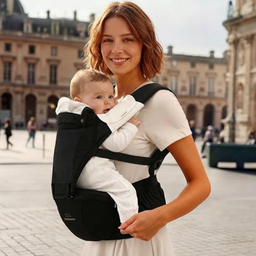 Miniatura 9 de Bebamour Mochila Portabebés Para Recién Nacidos Y Niños Pequeños, Asiento Para La Cadera De 0 A 36 Meses Con Capucha, 3 Protectores Para Mordeduras, Extensión Para La Cadera,Tejido De Malla Dorado