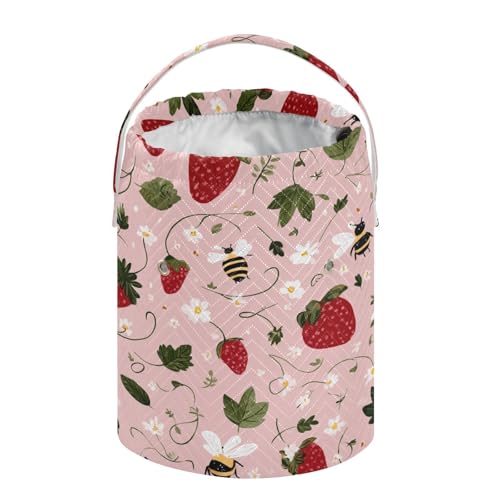 Image of ElliTarr Crochet Bag Yarn Bag with Handle Portable Knitting Project Bag Travel Yarn Storage Organizer Holder Case Bees Flowers Strawberries Pink