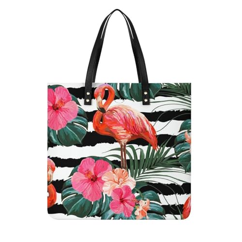 Tote bag tropical pour voyage avec motif feuille de palmier et flamant rose